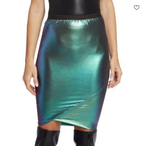 NWT Women Rick Owens Lilies Irise Green Iridescent Wolfy Stretch Pencil Skirt 10 - Picture 1 of 12